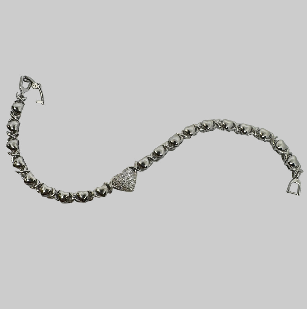 Xoxo Inspire link heart CZ Matching Set – 16” Necklace & 7” Bracelet – 18K White Gold Plated