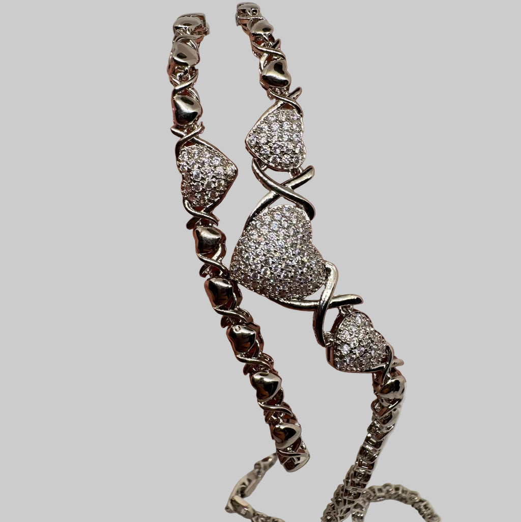 Xoxo Inspire link heart CZ Matching Set – 16” Necklace & 7” Bracelet – 18K White Gold Plated