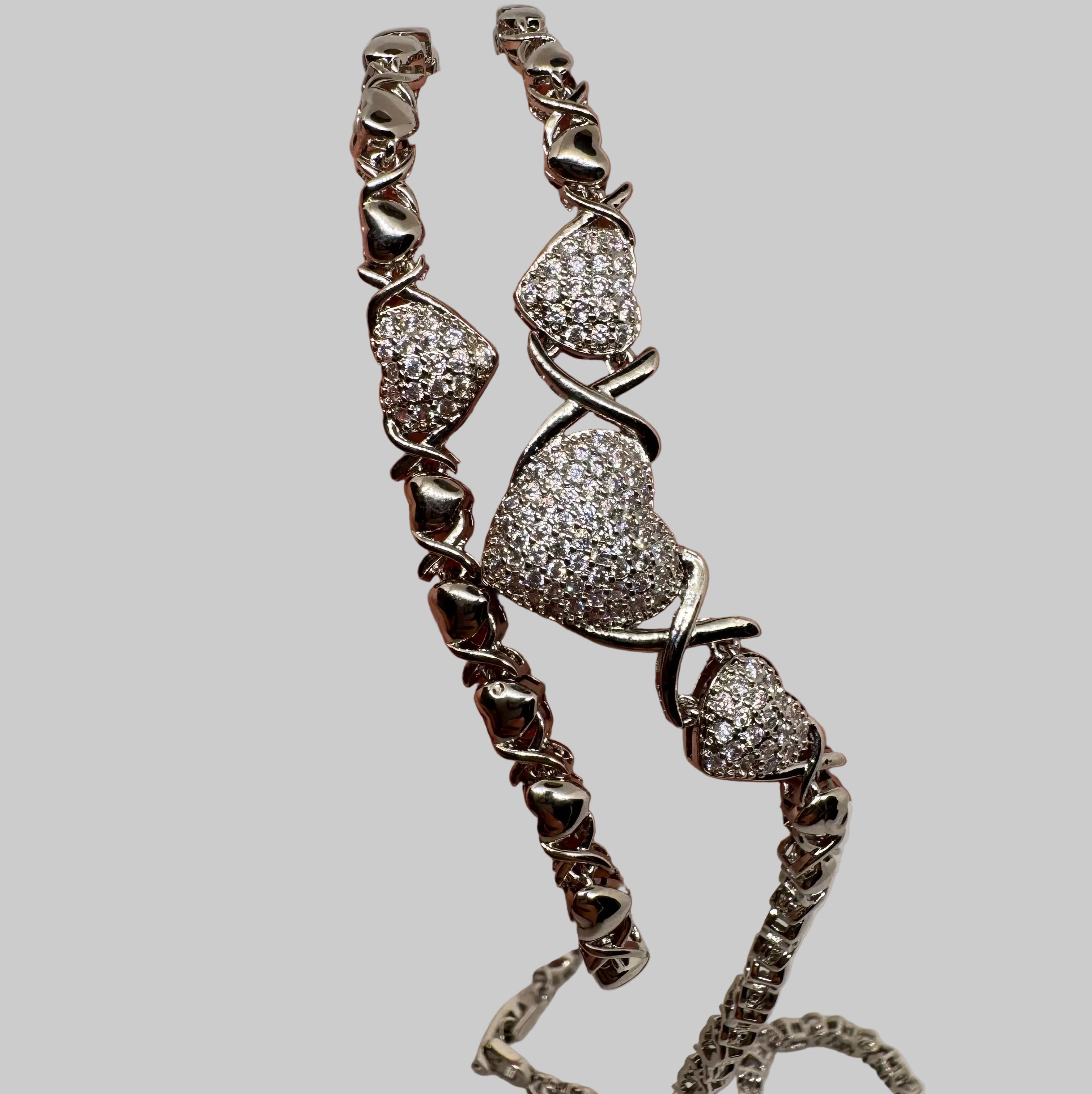 Xoxo Inspire link heart CZ Matching Set – 16” Necklace & 7” Bracelet – 18K White Gold Plated