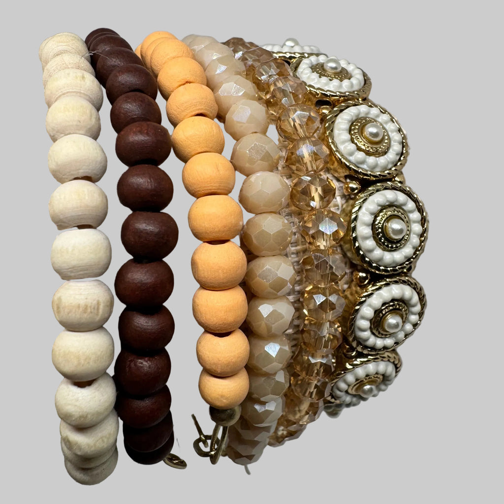 Neutral Earth Tone Beaded Stretch Bracelet Stack – 6 Piece Set