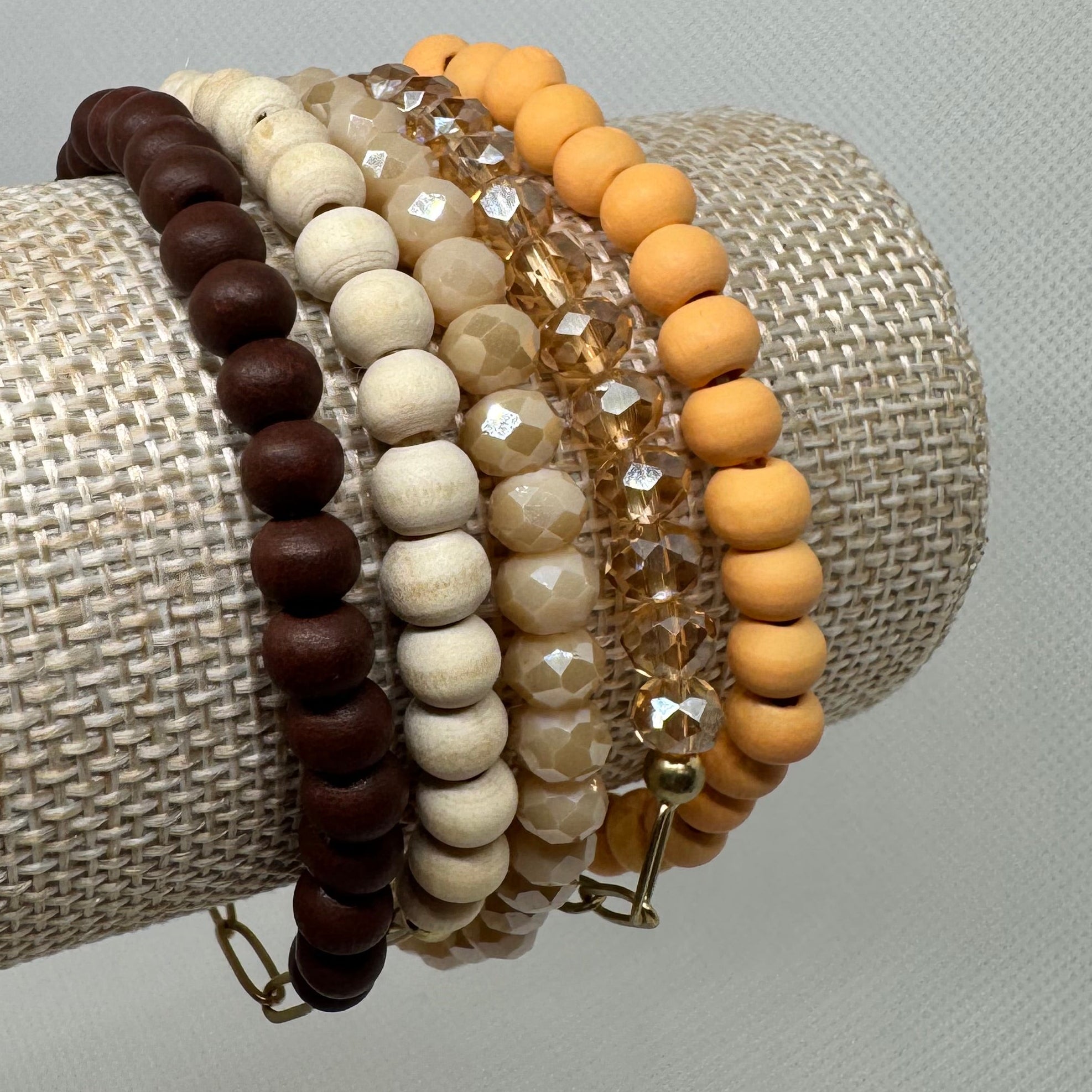 Neutral Earth Tone Beaded Stretch Bracelet Stack – 6 Piece Set