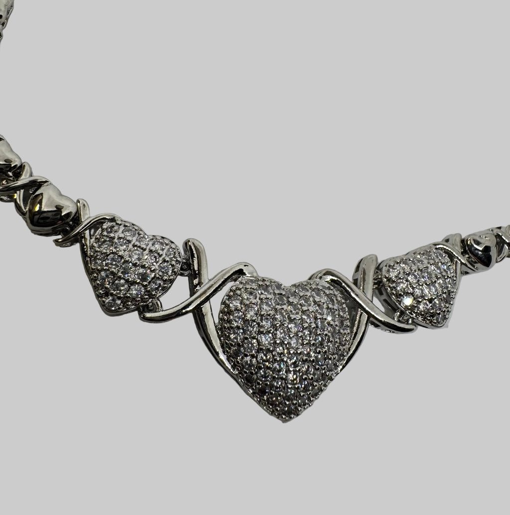 Xoxo Inspire link heart CZ Matching Set – 16” Necklace & 7” Bracelet – 18K White Gold Plated
