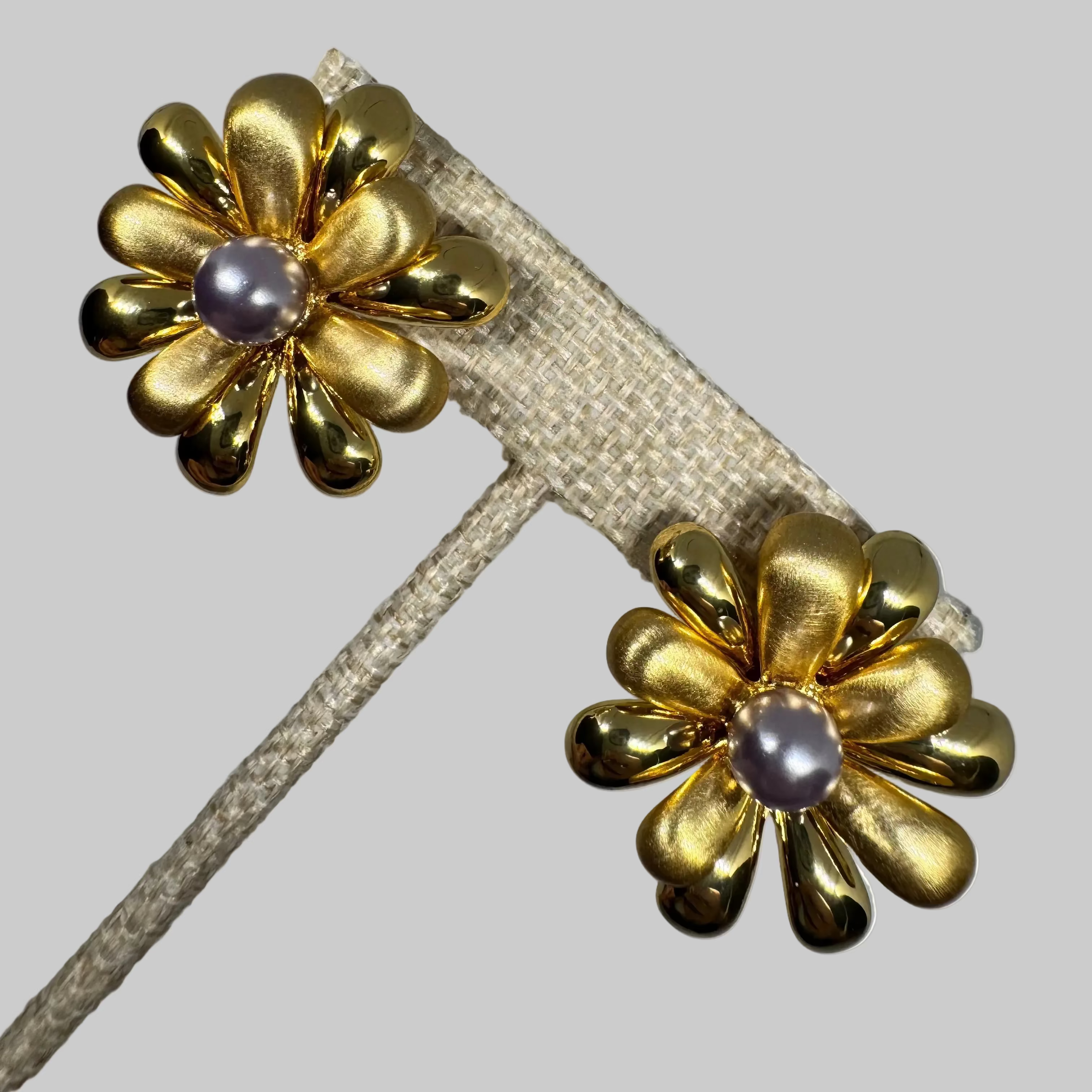 The Classic Choice: Vintage Gold and Mauve Pearl Floral Earrings in 18K Gold Plated Copper