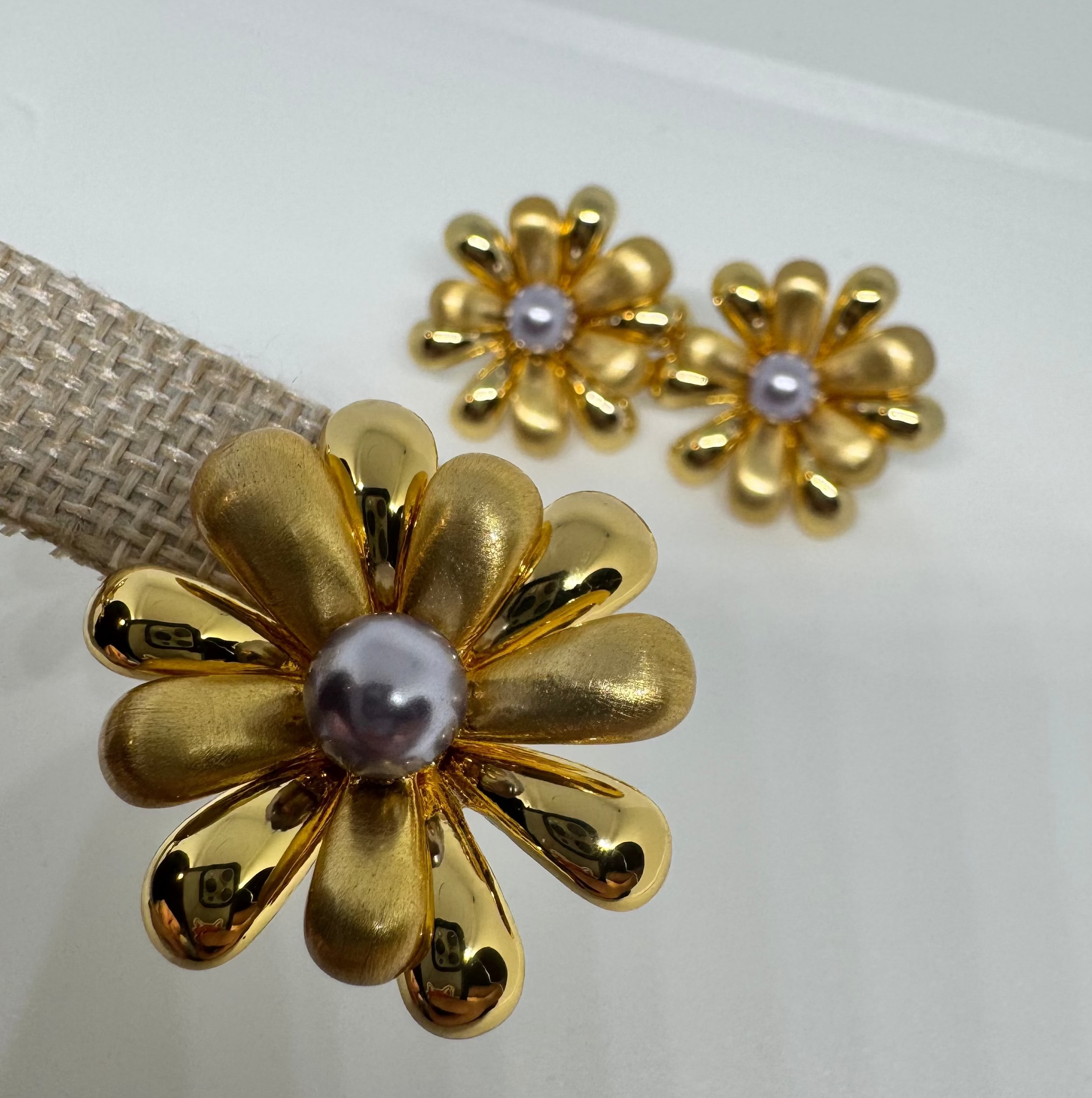 The Classic Choice: Vintage Gold and Mauve Pearl Floral Earrings in 18K Gold Plated Copper