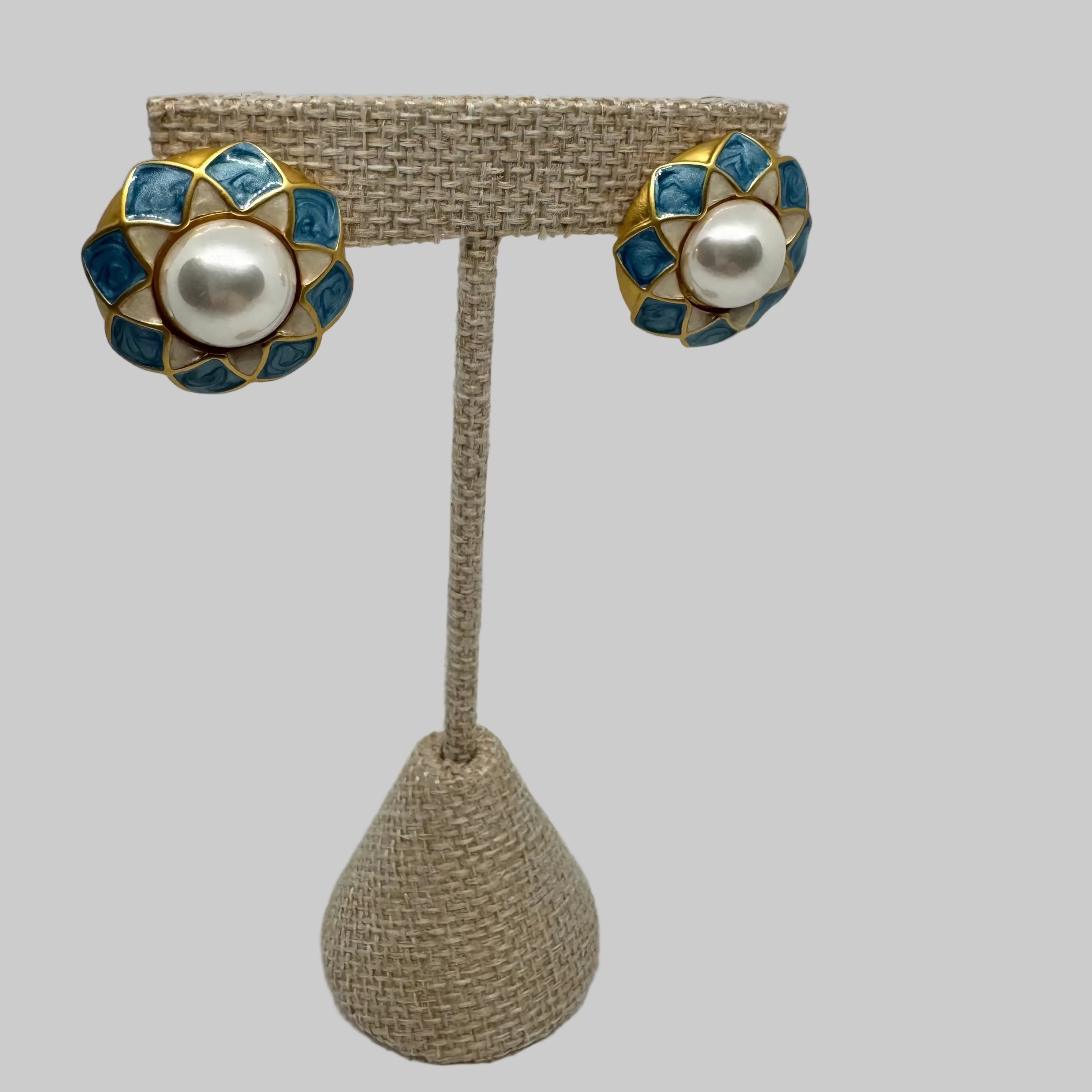 The Vintage Choice: "Retro Bloom" Enamel & Faux Pearl Studs in 18K Gold Plated Copper