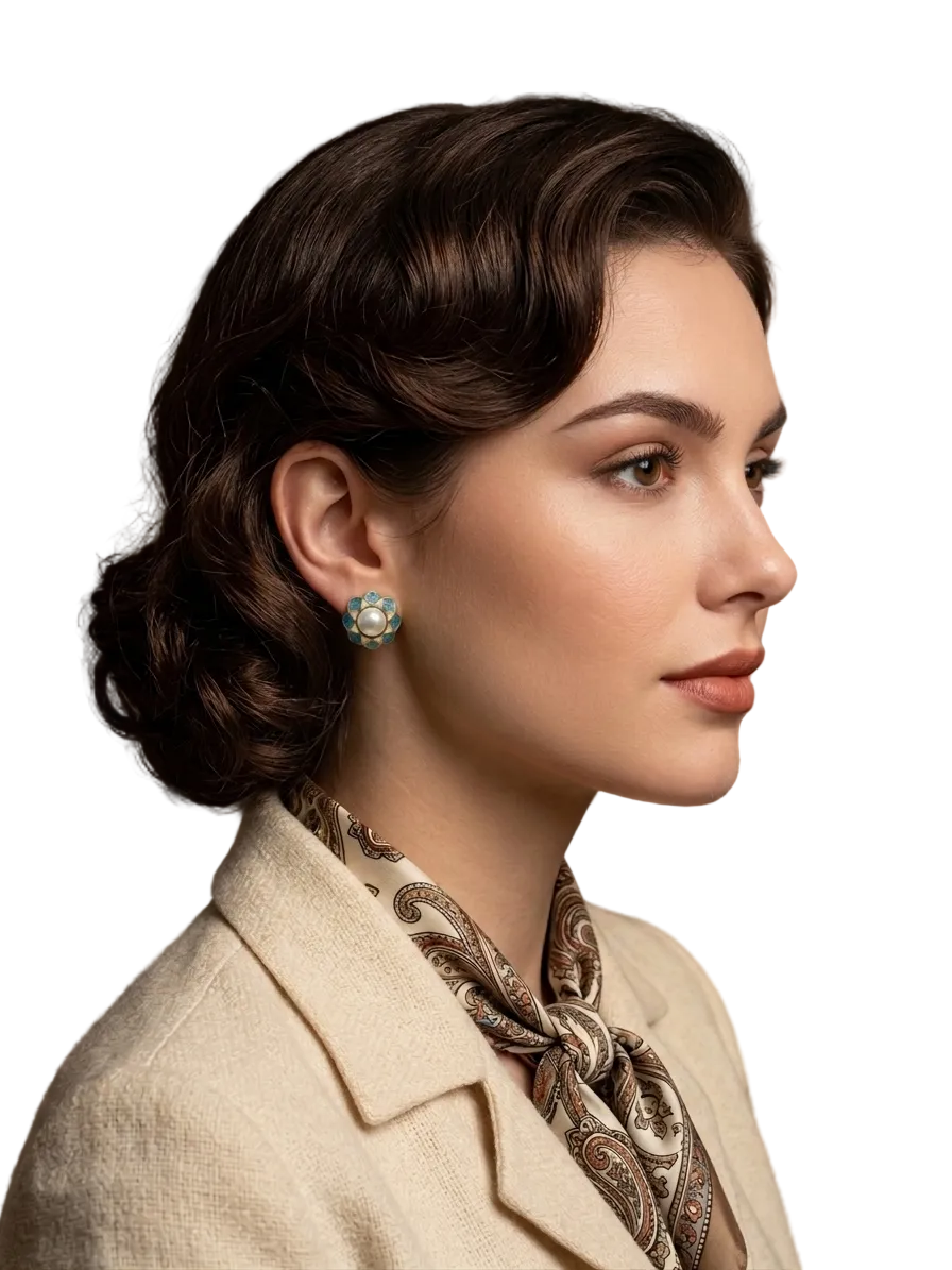The Vintage Choice: "Retro Bloom" Enamel & Faux Pearl Studs in 18K Gold Plated Copper
