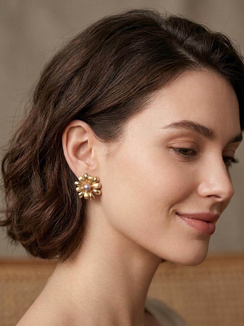 The Classic Choice: Vintage Gold and Mauve Pearl Floral Earrings in 18K Gold Plated Copper