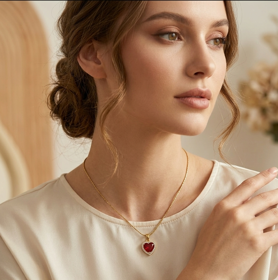 The Romantic Choice: "Scarlet Heart" Pendant Necklace Ruby-Red Glass & CZ in 18K Gold Plated Stainless Steel