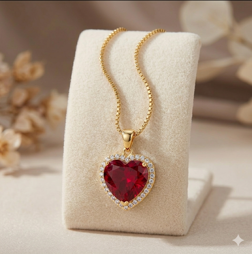 The Romantic Choice: "Scarlet Heart" Pendant Necklace Ruby-Red Glass & CZ in 18K Gold Plated Stainless Steel