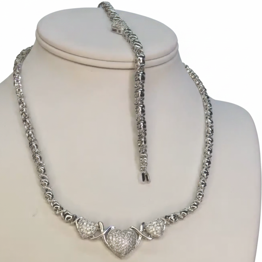 Xoxo Inspire link heart CZ Matching Set – 16” Necklace & 7” Bracelet – 18K White Gold Plated